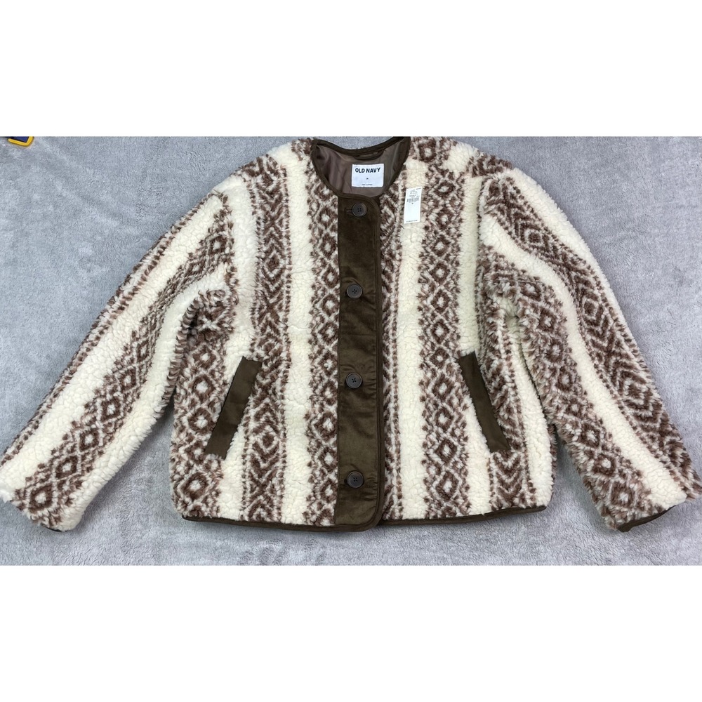 NWT Women M Sherpa High Pile Jacket Brown Ivory Geometric Button Front Old Navy